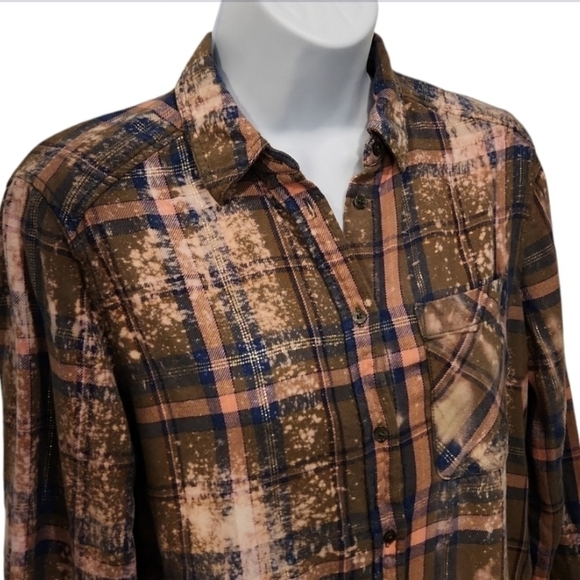 Express Boyfriend Flannel Button Up Gold Metallic - Picture 2 of 7
